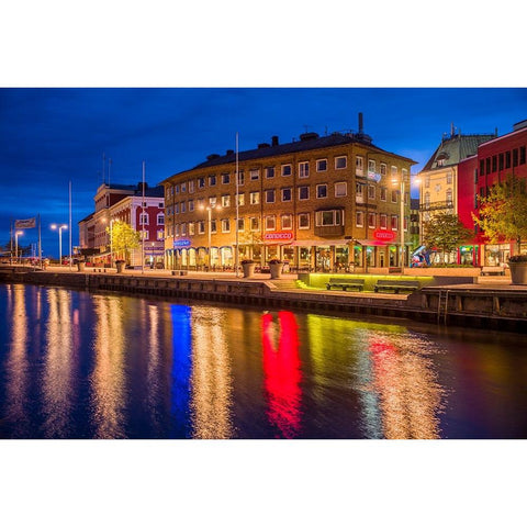 Sweden-Lake Vattern Area-Jonkoping-renovated harbor area along Munksjon Bay-dusk Black Modern Wood Framed Art Print by Bibikow, Walter