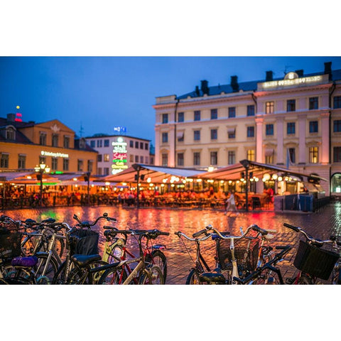 Sweden-Linkoping-cafes and bars on Stora target square-dusk Black Modern Wood Framed Art Print with Double Matting by Bibikow, Walter