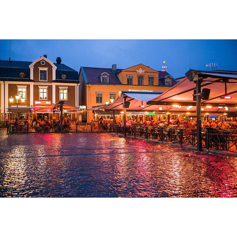 Sweden-Linkoping-cafes and bars on Stora target square-dusk White Modern Wood Framed Art Print by Bibikow, Walter