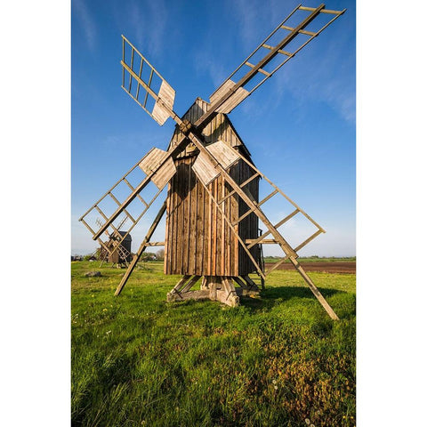 Sweden-Oland Island-Lerkaka-antique wooden windmills Black Modern Wood Framed Art Print by Bibikow, Walter