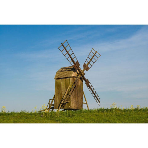 Sweden-Oland Island-Lerkaka-antique wooden windmills Black Modern Wood Framed Art Print by Bibikow, Walter
