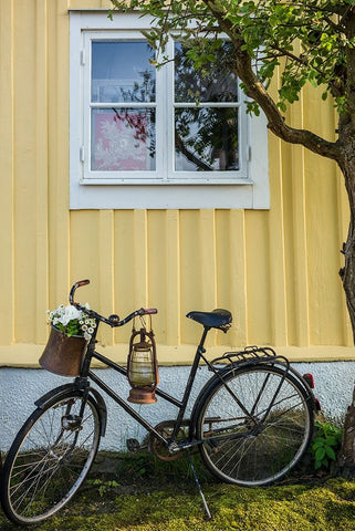 Southern Sweden-Karlskrona-Bjorkholmen area-the neighborhood of naval craftsmen-bicycle White Modern Wood Framed Art Print with Double Matting by Bibikow, Walter