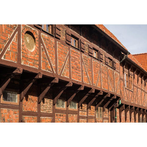 Southern Sweden-Ystad-traditional half-timbered building-Per Helsas Gard-16th century White Modern Wood Framed Art Print by Bibikow, Walter