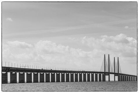 Sweden-Scania-Malmo-Oresund Bridge-longest cable-tied bridge in Europe-linking Sweden and Denmark Black Ornate Wood Framed Art Print with Double Matting by Bibikow, Walter