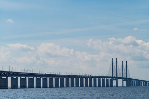 Sweden-Scania-Malmo-Oresund Bridge-longest cable-tied bridge in Europe-linking Sweden and Denmark White Modern Wood Framed Art Print with Double Matting by Bibikow, Walter