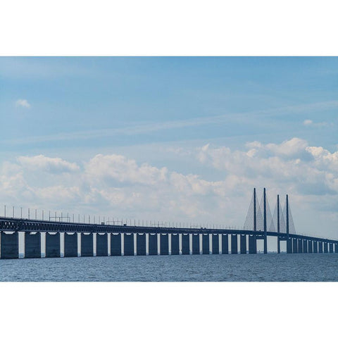Sweden-Scania-Malmo-Oresund Bridge-longest cable-tied bridge in Europe-linking Sweden and Denmark White Modern Wood Framed Art Print by Bibikow, Walter