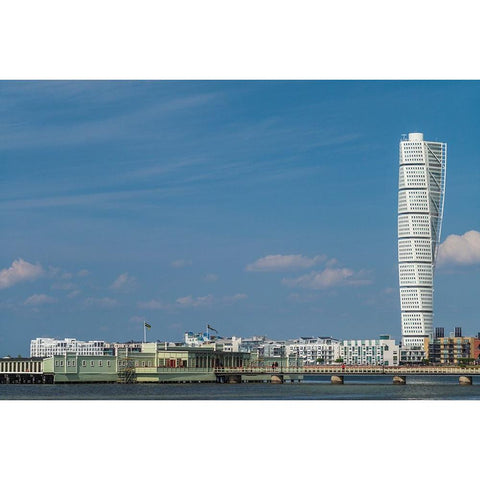 Sweden-Scania-Malmo-Turning Torso building-designed by architect Santiago Calatrava-2005 Black Modern Wood Framed Art Print by Bibikow, Walter