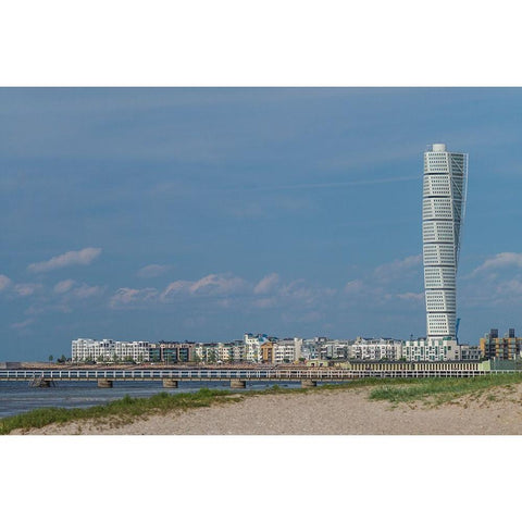 Sweden-Scania-Malmo-Turning Torso building-designed by architect Santiago Calatrava-2005 Black Modern Wood Framed Art Print by Bibikow, Walter