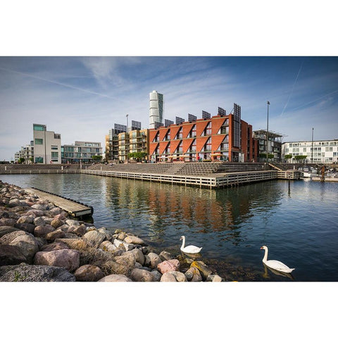 Sweden-Scania-Malmo-Turning Torso building-designed by architect Santiago Calatrava-2005 with Vastr Black Modern Wood Framed Art Print by Bibikow, Walter