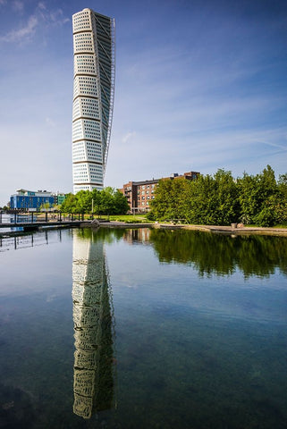 Sweden-Scania-Malmo-Turning Torso building-designed by architect Santiago Calatrava-2005 White Modern Wood Framed Art Print with Double Matting by Bibikow, Walter
