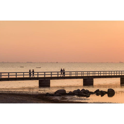 Sweden-Scania-Malmo-Riberborgs Stranden beach area-pier at sunset Gold Ornate Wood Framed Art Print with Double Matting by Bibikow, Walter
