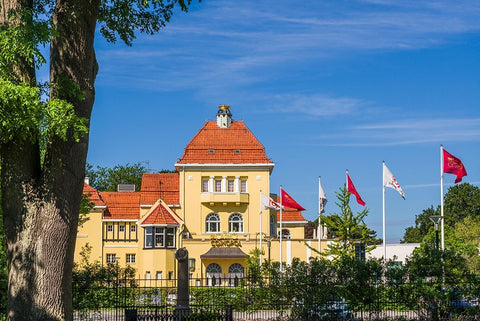 Sweden-Scania-Malmo-Kungsparken park-Casino-exterior White Modern Wood Framed Art Print with Double Matting by Bibikow, Walter