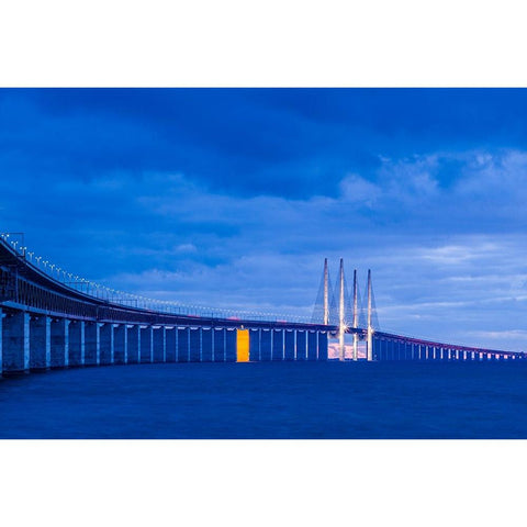 Sweden-Scania-Malmo-Oresund Bridge-longest cable-tied bridge in Europe-linking Sweden and Denmark-d White Modern Wood Framed Art Print by Bibikow, Walter