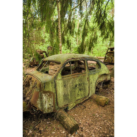 Sweden-Smaland-Ryd-Kyrko Mosse Car Cemetery-former junkyard now pubic park-junked cars Black Modern Wood Framed Art Print by Bibikow, Walter