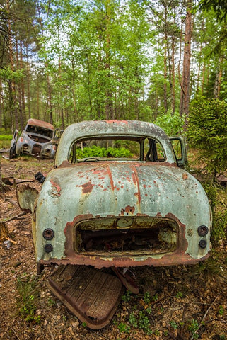 Sweden-Smaland-Ryd-Kyrko Mosse Car Cemetery-former junkyard now pubic park-junked cars White Modern Wood Framed Art Print with Double Matting by Bibikow, Walter