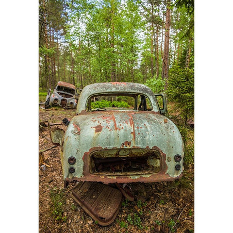 Sweden-Smaland-Ryd-Kyrko Mosse Car Cemetery-former junkyard now pubic park-junked cars Black Modern Wood Framed Art Print by Bibikow, Walter