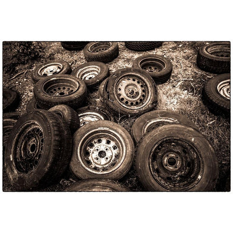 Sweden-Smaland-Ryd-Kyrko Mosse Car Cemetery-former junkyard now pubic park-old tires Black Modern Wood Framed Art Print with Double Matting by Bibikow, Walter