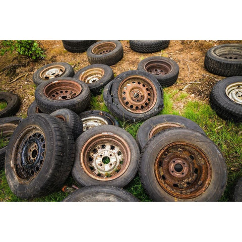 Sweden-Smaland-Ryd-Kyrko Mosse Car Cemetery-former junkyard now pubic park-old tires Black Modern Wood Framed Art Print by Bibikow, Walter