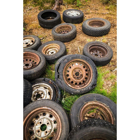 Sweden-Smaland-Ryd-Kyrko Mosse Car Cemetery-former junkyard now pubic park-old tires Black Modern Wood Framed Art Print by Bibikow, Walter