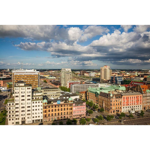 Sweden-Scania-Malmo-Inre Hamnen inner harbor-elevated skyline view White Modern Wood Framed Art Print by Bibikow, Walter