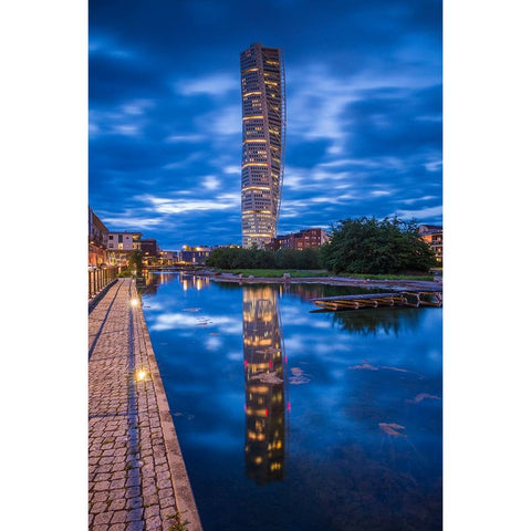 Sweden-Scania-Malmo-Turning Torso building-designed by architect Santiago Calatrava-2005-dusk White Modern Wood Framed Art Print by Bibikow, Walter