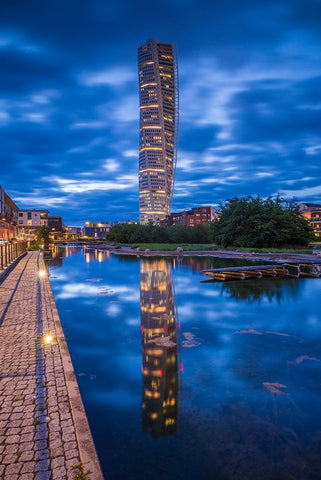 Sweden-Scania-Malmo-Turning Torso building-designed by architect Santiago Calatrava-2005-dusk White Modern Wood Framed Art Print with Double Matting by Bibikow, Walter