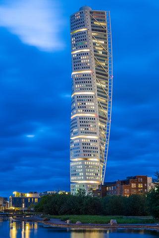 Sweden-Scania-Malmo-Turning Torso building-designed by architect Santiago Calatrava-2005-dusk Black Ornate Wood Framed Art Print with Double Matting by Bibikow, Walter