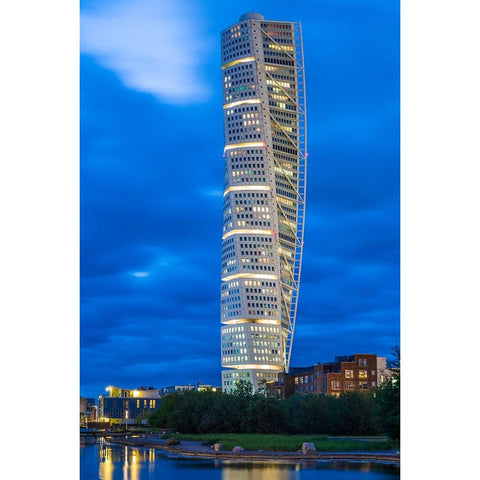 Sweden-Scania-Malmo-Turning Torso building-designed by architect Santiago Calatrava-2005-dusk Gold Ornate Wood Framed Art Print with Double Matting by Bibikow, Walter