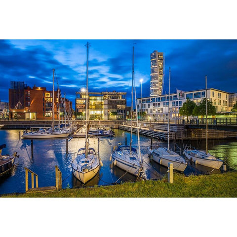 Sweden-Scania-Malmo-Turning Torso building-designed by architect Santiago Calatrava-2005 with Vastr Black Modern Wood Framed Art Print by Bibikow, Walter