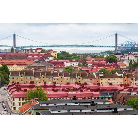 Sweden-Vastragotland and Bohuslan-Gothenburg-high angle view of the Alvsborgsbron bridge Black Modern Wood Framed Art Print by Bibikow, Walter