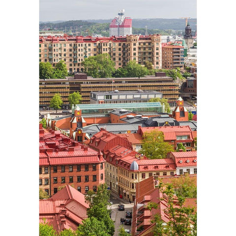 Sweden-Vastragotland and Bohuslan-Gothenburg-high angle city view from the Skansparken-morning White Modern Wood Framed Art Print by Bibikow, Walter