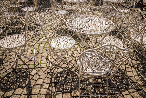 Sweden-Vastragotland and Bohuslan-Gothenburg-outdoor table and chairs White Modern Wood Framed Art Print with Double Matting by Bibikow, Walter