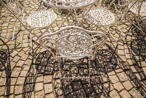 Sweden-Vastragotland and Bohuslan-Gothenburg-outdoor table and chairs White Modern Wood Framed Art Print with Double Matting by Bibikow, Walter