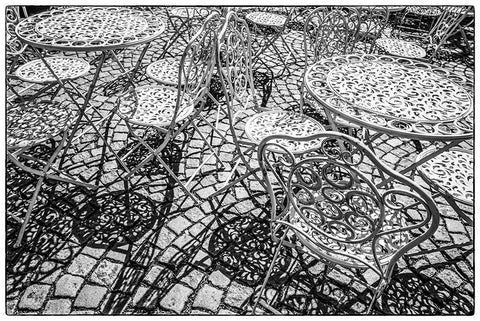 Sweden-Vastragotland and Bohuslan-Gothenburg-outdoor table and chairs Black Ornate Wood Framed Art Print with Double Matting by Bibikow, Walter