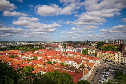 Sweden-Vastragotland and Bohuslan-Gothenburg-high angle city view from the Skansparken-late afterno White Modern Wood Framed Art Print with Double Matting by Bibikow, Walter