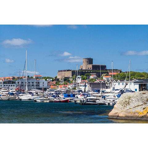 Sweden-Bohuslan-Marstrand-island town view with the 17th century Carlsten fortress Black Modern Wood Framed Art Print by Bibikow, Walter