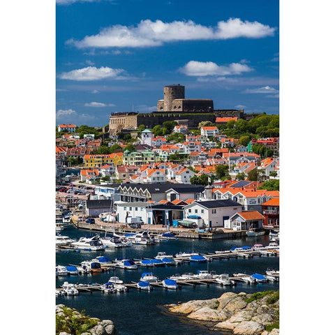 Sweden-Bohuslan-Marstrand-island town view with the 17th century Carlsten fortress Black Modern Wood Framed Art Print by Bibikow, Walter