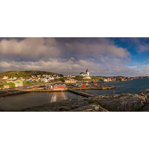 Sweden-Bohuslan-Tjorn Island-Skarhamn-town skyline with Skarhamn church-sunset Black Modern Wood Framed Art Print by Bibikow, Walter