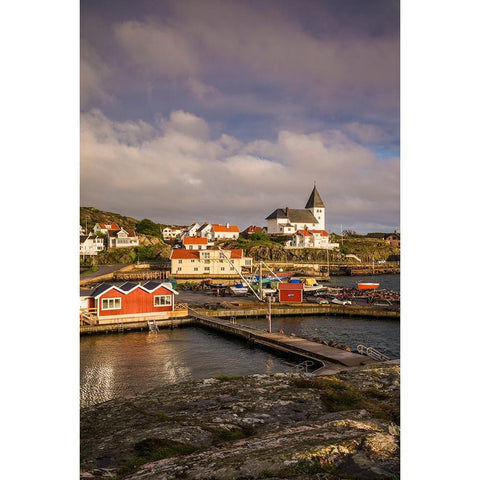 Sweden-Bohuslan-Tjorn Island-Skarhamn-town skyline with Skarhamn church-sunset White Modern Wood Framed Art Print by Bibikow, Walter
