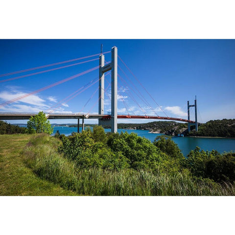 Sweden-Bohuslan-Tjorn Island-Stenungsund-Tjornbron bridge-links the mainland to Tjorn Island White Modern Wood Framed Art Print by Bibikow, Walter