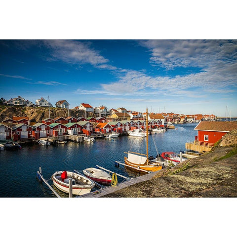 Sweden-Bohuslan-Smogen-Smogenbryggan-antique boat houses and fishing shacks White Modern Wood Framed Art Print by Bibikow, Walter