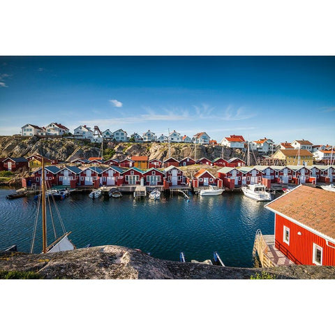 Sweden-Bohuslan-Smogen-Smogenbryggan-antique boat houses and fishing shacks White Modern Wood Framed Art Print by Bibikow, Walter