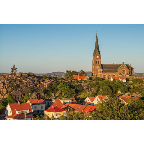 Sweden-Bohuslan-Lysekil-high angle view of the Lysekil church-sunset Black Modern Wood Framed Art Print by Bibikow, Walter