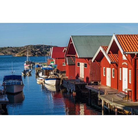 Sweden-Bohuslan-Kungshamn-red fishing shacks in the Fisketangen-old fishermans neighborhood Black Modern Wood Framed Art Print with Double Matting by Bibikow, Walter