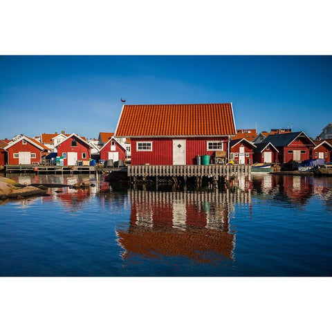 Sweden-Bohuslan-Kungshamn-red fishing shacks in the Fisketangen-old fishermans neighborhood Black Modern Wood Framed Art Print by Bibikow, Walter