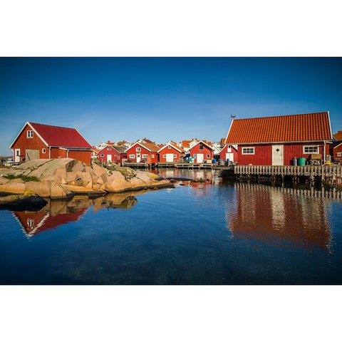 Sweden-Bohuslan-Kungshamn-red fishing shacks in the Fisketangen-old fishermans neighborhood White Modern Wood Framed Art Print by Bibikow, Walter