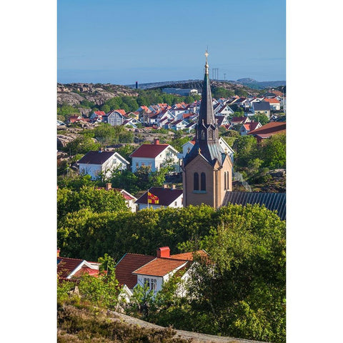 Sweden-Bohuslan-Kungshamn-town view from the south-with church White Modern Wood Framed Art Print by Bibikow, Walter