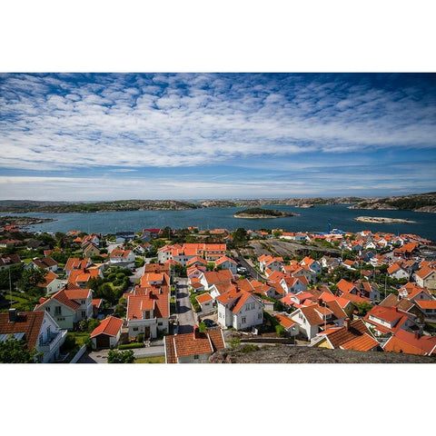 Sweden-Bohuslan-Fjallbacka-elevated town view from the Vetteberget cliff Black Modern Wood Framed Art Print by Bibikow, Walter