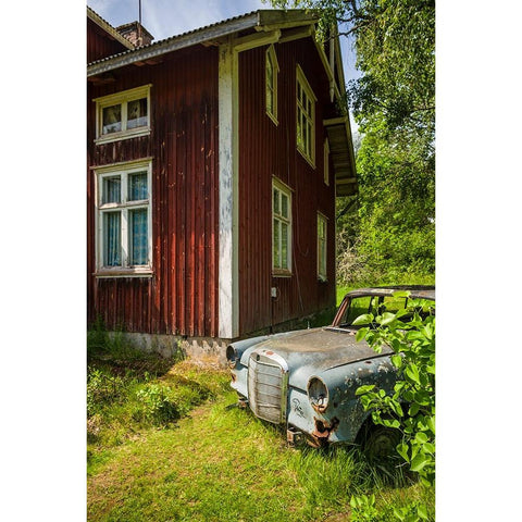Sweden-Varmland-Bastnas-Bastnas Car Cemetery public park-antique car junkyard Black Modern Wood Framed Art Print with Double Matting by Bibikow, Walter
