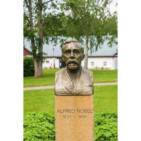 Sweden-Varmland-Karlskoga-Bjorkholm-the home of inventor Alfred Nobel-statue of Nobel Black Modern Wood Framed Art Print by Bibikow, Walter